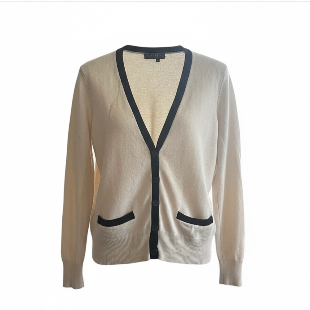 Lauren Ralph Lauren Long Sleeve V Neck Cardigan Cream with Black Accents